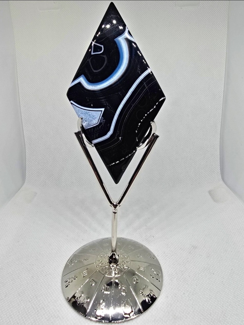 Polished Black Onyx W/White Banding Slice Display Specimen on Metal Stand